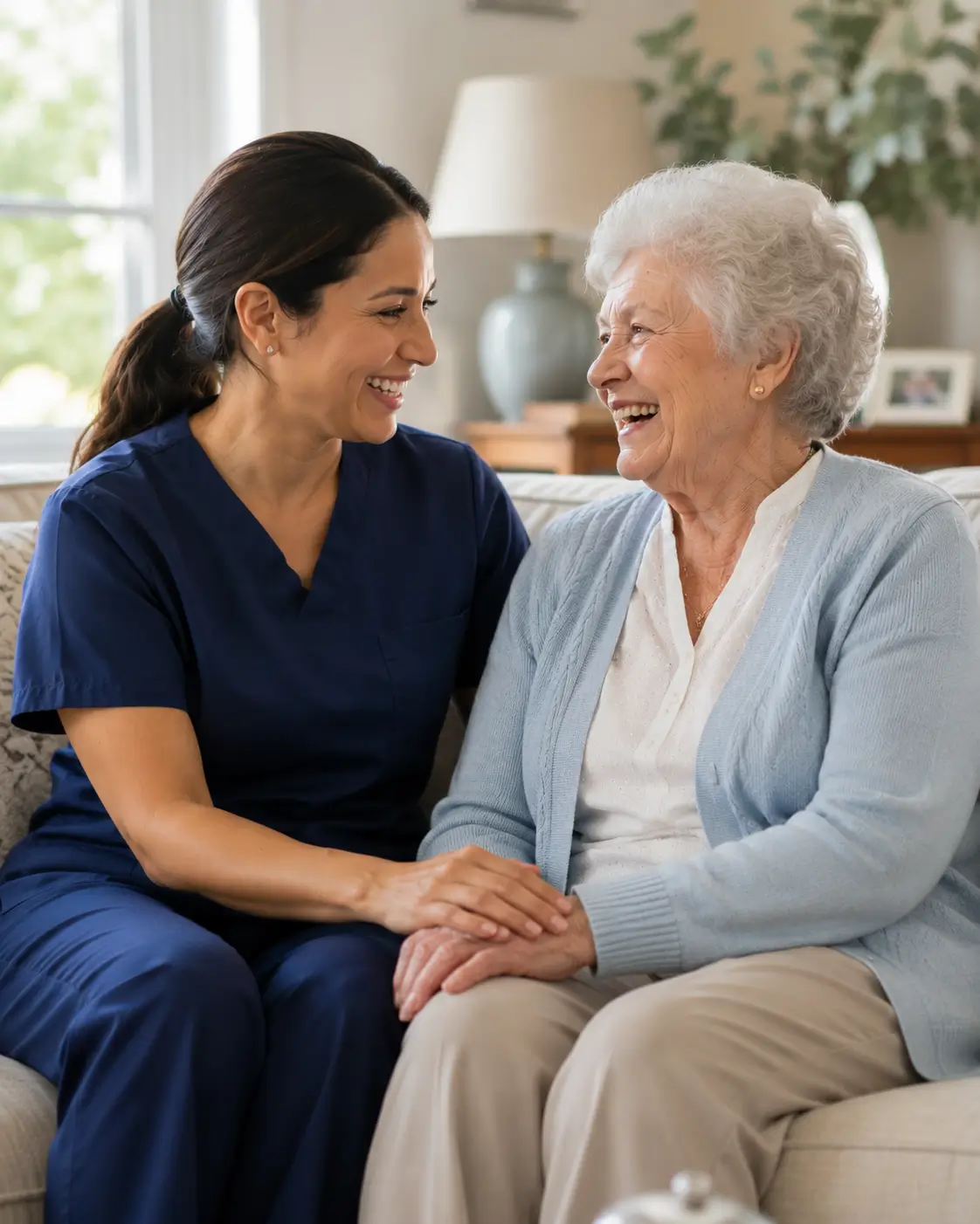 A caregiver and a smiling senior woman sharing a warm moment together in a sunlit living room in Fort Worth